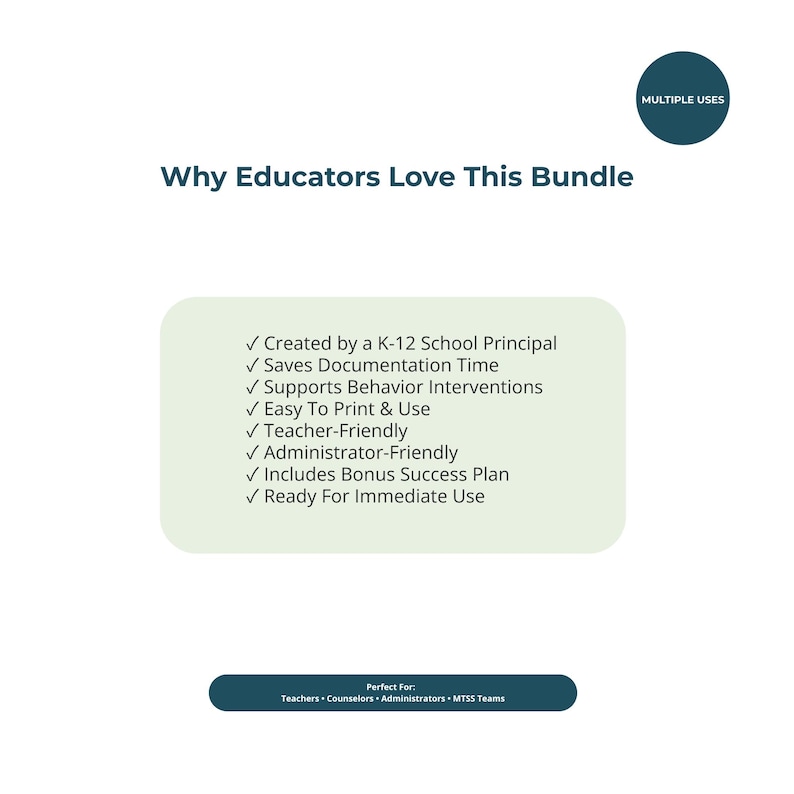Puede incluir: Un gr&aacute;fico informativo digital titulado Why Educators Love This Bundle con un c&iacute;rculo azul verdoso que indica Multiple Uses. Un cuadro verde claro enumera ocho beneficios marcados para el personal escolar y una barra azul verdosa.