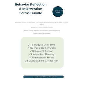 Op de afbeelding: Een digitaal document getiteld Behavior Reflection & Intervention Forms Bundle met 14 kant-en-klare formulieren voor docenten en adviseurs. De tekst bevat gedragsregistratie, reflectie, documentatie, interventieplanning en een plan voor studiesucces.