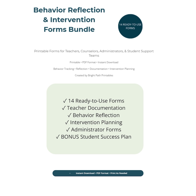 Puede incluir: Un documento digital titulado Behavior Reflection & Intervention Forms Bundle que incluye 14 formularios listos para usar para docentes y consejeros. El texto menciona seguimiento de comportamiento, reflexi&oacute;n, documentaci&oacute;n, planificaci&oacute;n y plan de &eacute;xito.