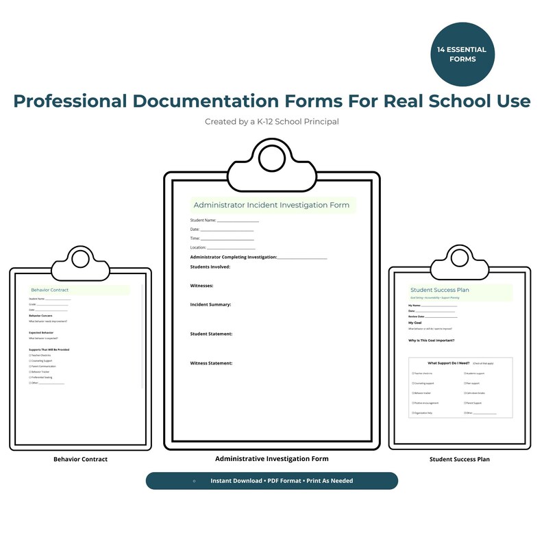 Puede incluir: Tres portapapeles que muestran formularios de documentaci&oacute;n escolar titulados Professional Documentation Forms For Real School Use, incluyendo un formulario de investigaci&oacute;n de incidentes, un contrato de conducta y un plan de &eacute;xito estudiantil, con 14 formularios.