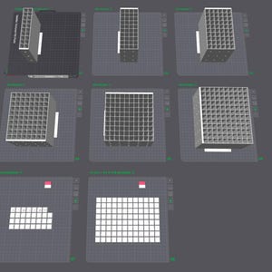 May include: A digital interface displaying eight distinct 3D grid-based storage organisers of varying sizes, featuring square compartments. The layout includes labels like 20 markers, 50 markers, and 100 markers, alongside two flat grid base plates.