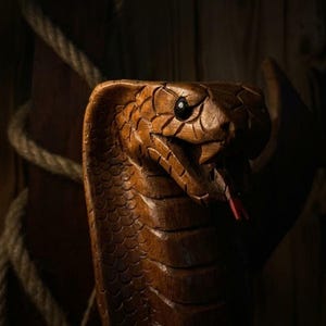 May include: A hand-carved wooden cobra sculpture featuring detailed scale patterns, a flared hood, and a small, protruding red tongue. The dark brown wood grain is visible across the surface, with a smooth, polished finish highlighting the snake's head.