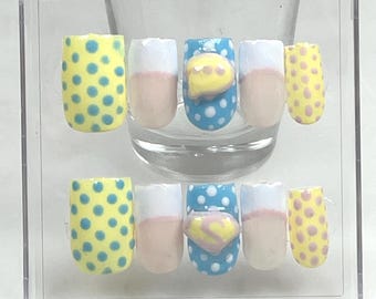Handmade Superman Fast Style Pastel Press on Nail Set, Yellow Blue Pink White, MEDIUM, Medium Square