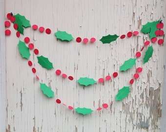 Holly Garland, Paper Garland, Christmas Decoration, Christmas Garland, Holiday Decorations, Holly Leaves, 10 feet long