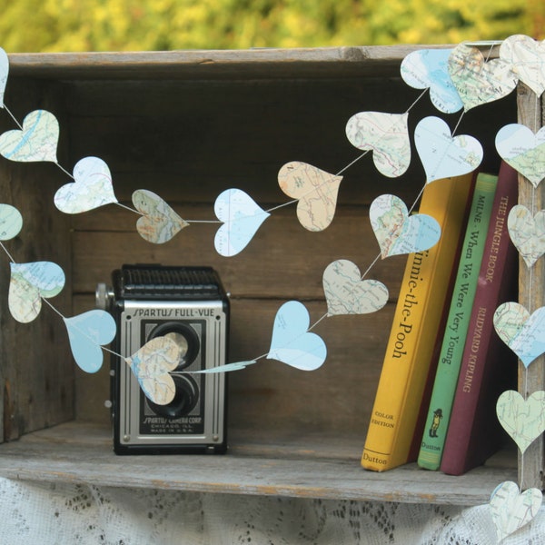 Paper Garland, Travel Theme, Heart Garland made from Atlas pages, Map Decoration, 10 feet long