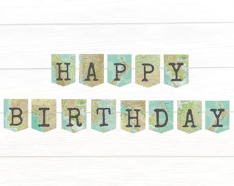 Ausdruckbare Happy Birthday-Girlande: Girlande aus Vintage-Atlas-Buchseiten (Digitaler Download)
