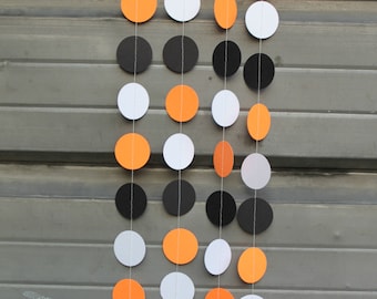 Halloween Party Decorations, Dot Garland, Paper Garland, Orange White Black Dots, 10 feet long - made to order