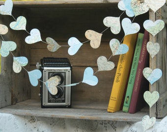 Paper Garland, Travel Theme, Heart Garland made from Atlas pages, Map Decoration, 10 feet long