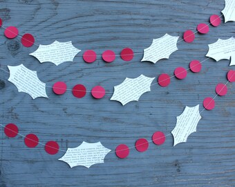 Holly Garland, Paper Garland, Christmas Decoration, Christmas Garland, Holiday Decorations, Made from Book Pages, 10 feet long
