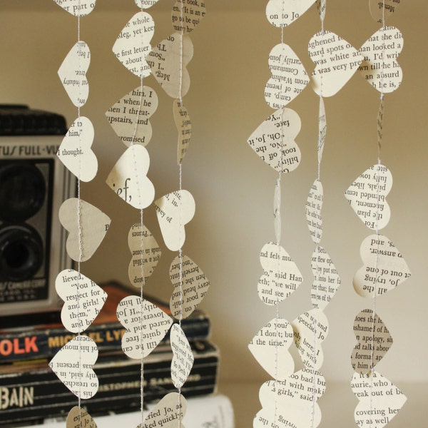 Wedding Decorations, Paper Garland, Book Page Garland, Storybook Wedding, Sweetheart Garland, TINY Hearts, 10 feet long