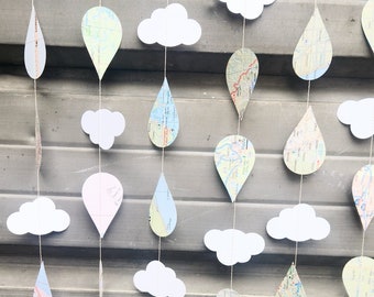 Raindrop Paper Garland made from Map Pages, Sprinkles Shower Garland, Paper Garland, 6 feet long