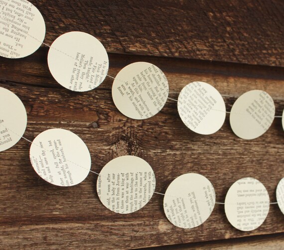 Paper Garland, Wedding Decoration, Book Page Garland, Book Page Dots, Small  Dots 1 Inch, 10 Feet Long 