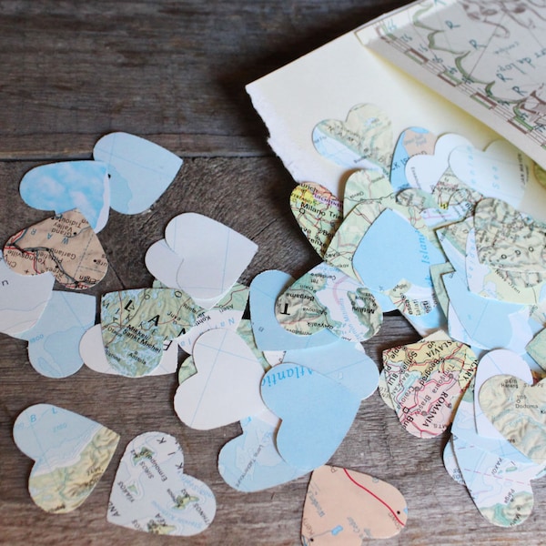 Confetti, Map Confetti, Table Scatters, Wedding Decorations, Atlas Confetti,Paper Confetti, Book Page Confetti, 200 mini hearts per package