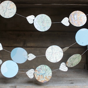 Map Garland, Travel Theme Decorations, Paper Garland, Vintage Atlas, Bon Voyage Party, Hot Air Balloon Garland, 10 ft long image 1