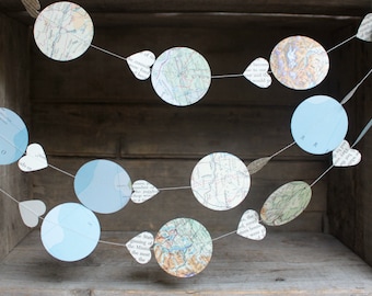 Map Garland, Travel Theme Decorations, Paper Garland, Vintage Atlas, Bon Voyage Party, Hot Air Balloon Garland, 10 ft long