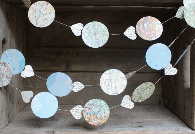 Map Garland, Travel Theme Decorations, Paper Garland, Vintage Atlas, Bon Voyage Party, Hot Air Balloon Garland, 10 ft long image 1