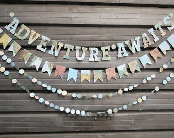 Adventure Awaits Party Decorations Package, Map Paper Garlands, Travel Theme Party Decor - 4 garlands