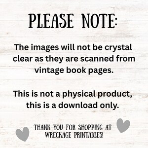 May include: White background with black text that reads "PLEASE NOTE: The images will not be crystal clear as they are scanned from vintage book pages. This is not a physical product, this is a download only. THANK YOU FOR SHOPPING AT WRECKAGE PRINTABLES!"