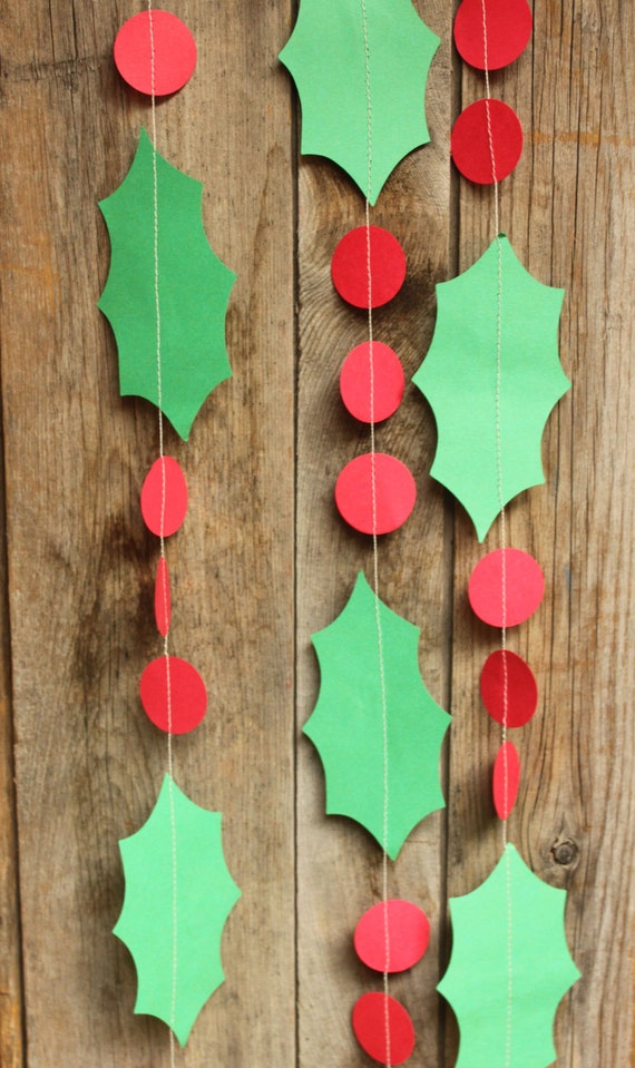 Holly Garland, Paper Garland, Christmas Decoration, Christmas Garland,  Holiday Decorations, Holly Leaves, 10 Feet Long 