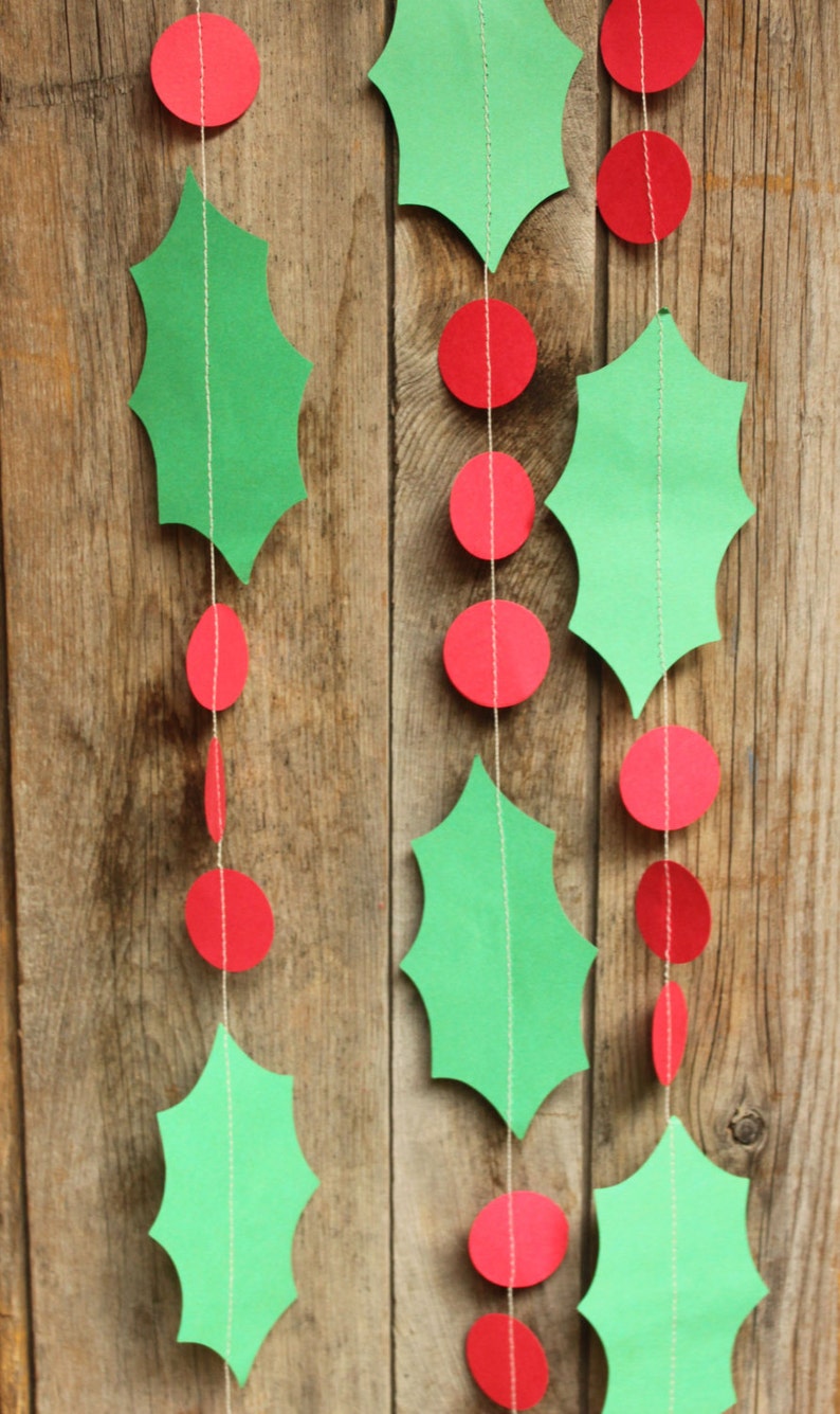 Holly Garland, Paper Garland, Christmas Decoration, Christmas Garland, Holiday Decorations, Holly Leaves, 10 feet long image 2