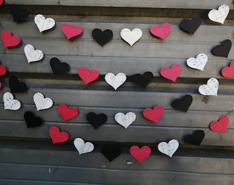 Red and Black Heart Garland, Paper Garland, Music Sheet Garland, Party Decoration, Made to Order - 10 feet long