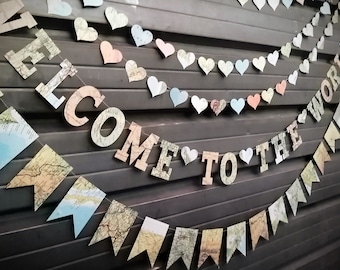 Welcome to the World Baby Shower Decorations Package, Map Paper Garlands - 4 garlands