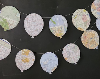 Paper Balloon Garland Made from Map pages, 6 feet long, Paper Party Decoration