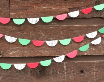 Holiday Decoration Made from Paper, Paper Garland, Classic Colours Red, Green & Music Sheet, 10 feet long - made to order