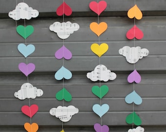 Rainbow Garland, Rainbow Party Decoration, Birthday Party or Baby Shower Decoration, Large Clouds & Hearts, 10 feet long