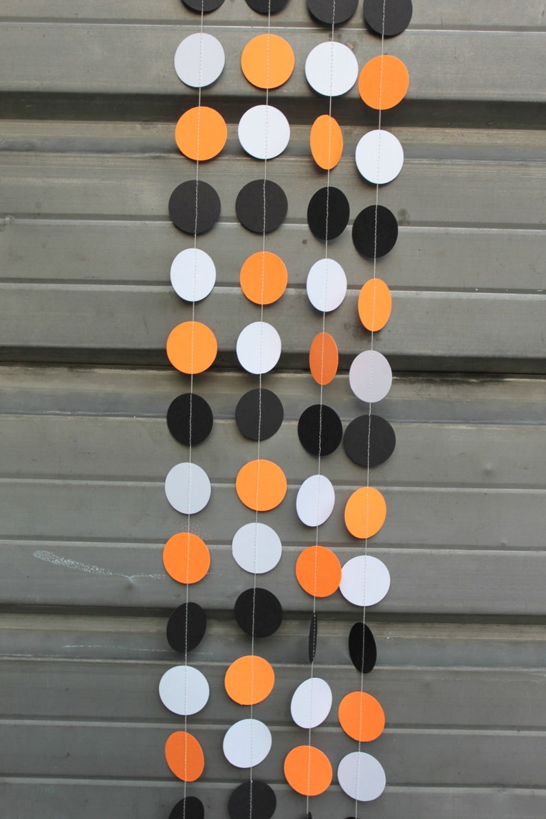 Halloween Party Decorations, Dot Garland, Paper Garland, Orange White Black Dots, 10 feet long made to order image 1