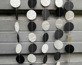 Black and White Book Page Party Decorations, Paper Garlands, Choose Your Dot Size, Small, Medium or Large, Made to Order, 10 feet long