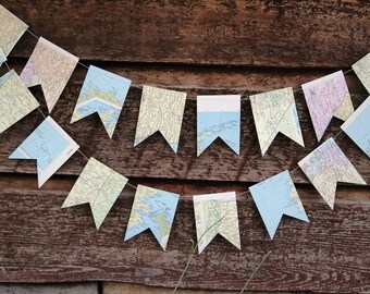 Map Garland Party Decoration, Travel Theme Bon Voyage Party, Paper Garland made from Map Pages, 6 feet long