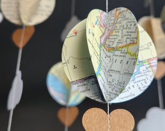 Hot Air Balloon Garland Map Page Garland, 3D pompom garland, book page garland, travel bon voyage retirement party, SHIPS FLAT, 10 ft long