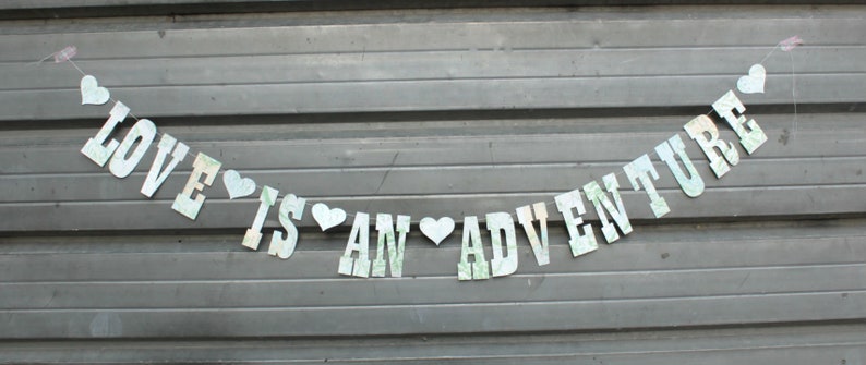 Love Is An Adventure Banner, Made from Map pages, Paper Garland, Wedding Decoration, Engagement Party Bild 2