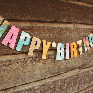 Bannière joyeux anniversaire, décoration de fête d'anniversaire, guirlande de papier, banderoles d'anniversaire, fabriqué à partir de pages de livres pour enfants