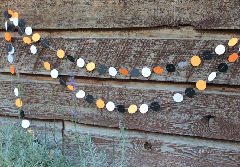 Halloween Party Decorations, Dot Garland, Paper Garland, Orange White Black Dots, 10 feet long made to order image 2