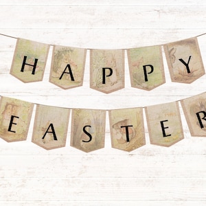 May include: A banner with the words "HAPPY EASTER" printed on individual pennants. Each pennant has a vintage illustration of rabbits and other Easter-themed imagery. The pennants are strung on a thin brown string against a white wood background.