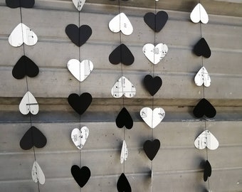 Heart Garland, Black & Music Sheet, Paper Bunting, Wedding Decoration, Party Decoration, 10 feet long - Made to Order