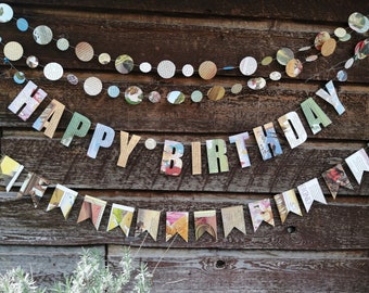Happy Birthday Garland, Birthday Banner Party Decoration, Party Garland, Letter Banner, Paper Garland, Birthday Bunting, Made from Map pages