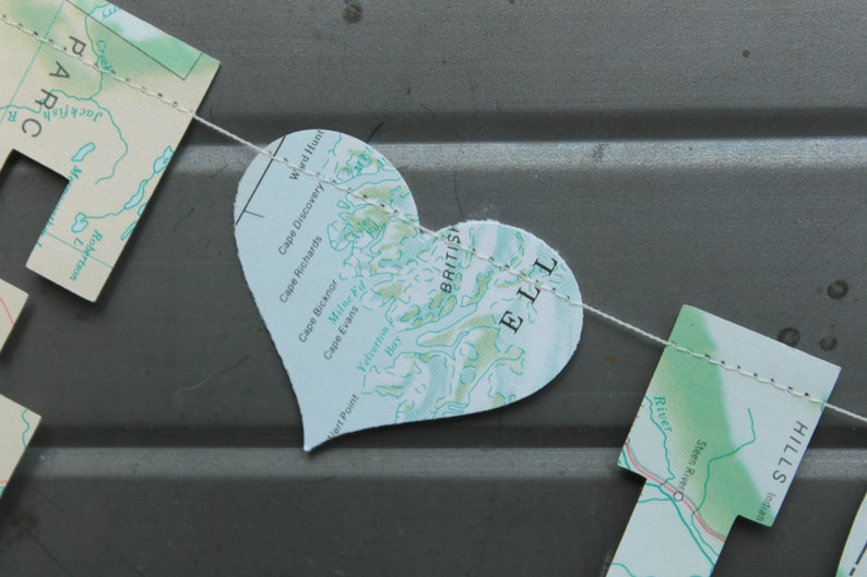 Love Is An Adventure Banner, Made from Map pages, Paper Garland, Wedding Decoration, Engagement Party Bild 5