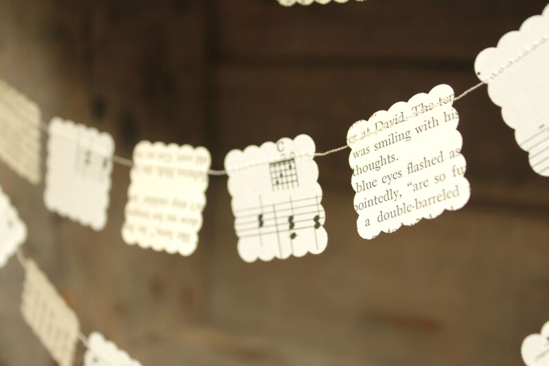 Paper Garland Decoration made from book pages and music sheets, small squares 10 feet long image 4