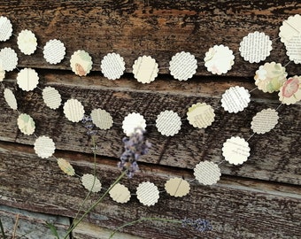 Paper Garland, Flower Garland, Book Page Garland, Book Page Scalloped Dots, 2 inch dots, 10 feet long