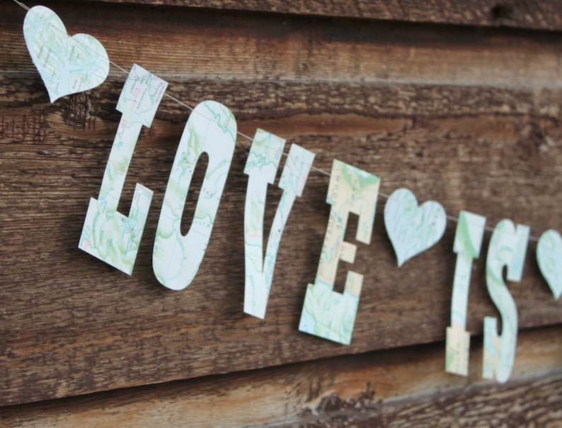 Love Is An Adventure Banner, Made from Map pages, Paper Garland, Wedding Decoration, Engagement Party Bild 3