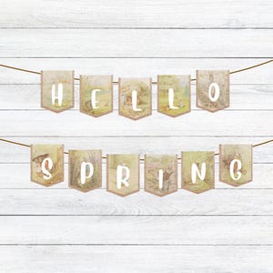 May include: A banner with the words "HELLO SPRING" printed on individual pennants. Each pennant has a vintage illustration of animals and nature scenes. The pennants are strung on a brown string against a white wooden background.