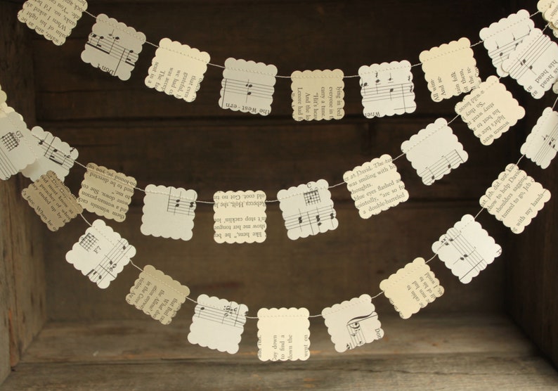 Paper Garland Decoration made from book pages and music sheets, small squares 10 feet long image 1