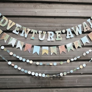 Lot de décorations de fête L'aventure vous attend, guirlandes en papier carte, décoration de fête sur le thème du voyage - 4 guirlandes