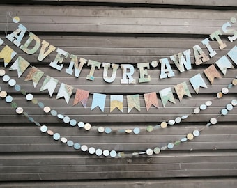 Adventure Awaits Party Decorations Package, Map Paper Garlands, Travel Theme Party Decor - 4 garlands