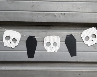 Coffin and Skull Garland, Halloween Decoration, Paper Garland, Book Page Garland - 6 feet long