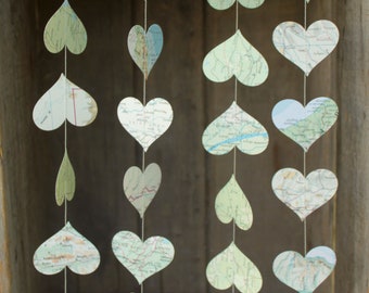 Wedding Decoration made from a Vintage Atlas, Heart Garland, Paper Garland, Map Garland, 10 feet long