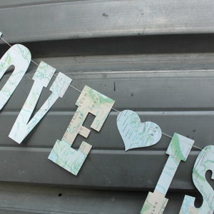 Love Is An Adventure Banner, Made from Map pages, Paper Garland, Wedding Decoration, Engagement Party Bild 4